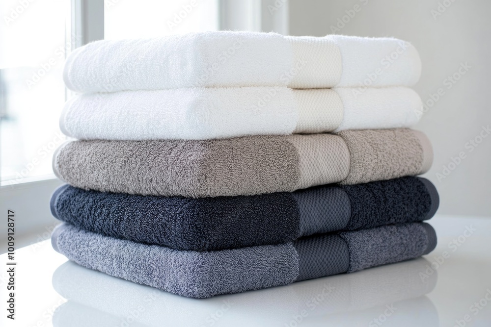 Poster A stack of towels resting on a table surface