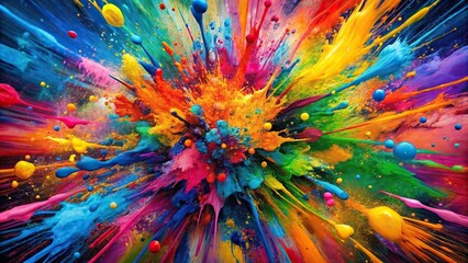 Dynamic abstract colorful splatter painting with bold patterns and energetic brushstrokes low angle