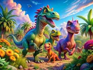 Obraz premium Colorful Cartoon Dinosaurs in Fun Settings Perfect for Kids' Books, Educational Materials, and More