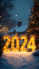 A festive Christmas scene featuring a large golden "2025" decoration, surrounded by colorful ornaments and holiday cheer, celebrating the New Year.