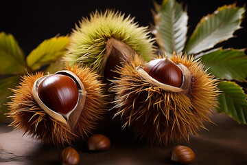 秋の味覚栗と落ち葉