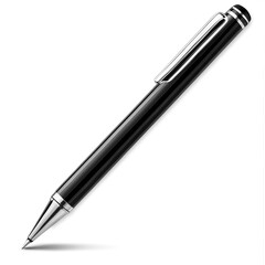 A sleek black pen with a chrome clip, designed for writing and note-taking.