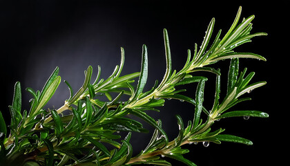 Fototapeta premium rosemary with water drops on a pitch solid black background