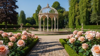 Obraz premium garden with fountain and pink flowers