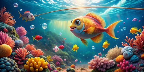 Colorful Cartoon Fish Hooked on a Fishing Line in a Playful Underwater Scene with Bubbles and Coral