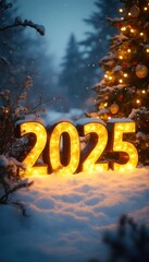 A festive Christmas scene featuring a large golden "2025" decoration, surrounded by colorful ornaments and holiday cheer, celebrating the New Year.