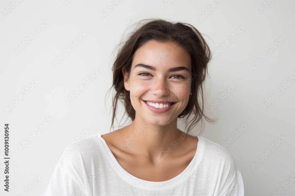 Canvas Prints Portrait of a smiling woman in her 20s wearing a simple cotton shirt isolated on white background