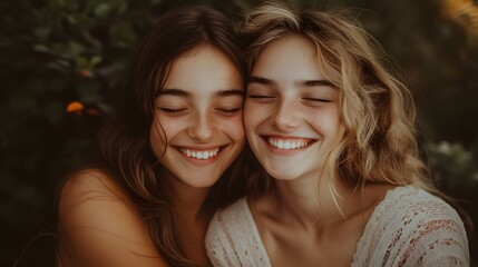 Obraz premium Close-up of two young women smiling with eyes closed, showing happiness and friendship, against a soft, natural background. 