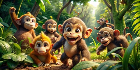 Obraz premium Colorful Cartoon Monkey Characters Playing Together in a Fun Jungle Environment for Kids' Designs