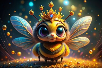 Colorful Cartoon Queen Bee Character with Crown and Sparkling Wings in a Fun Honeybee Illustration