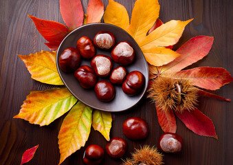 秋の味覚栗と落ち葉