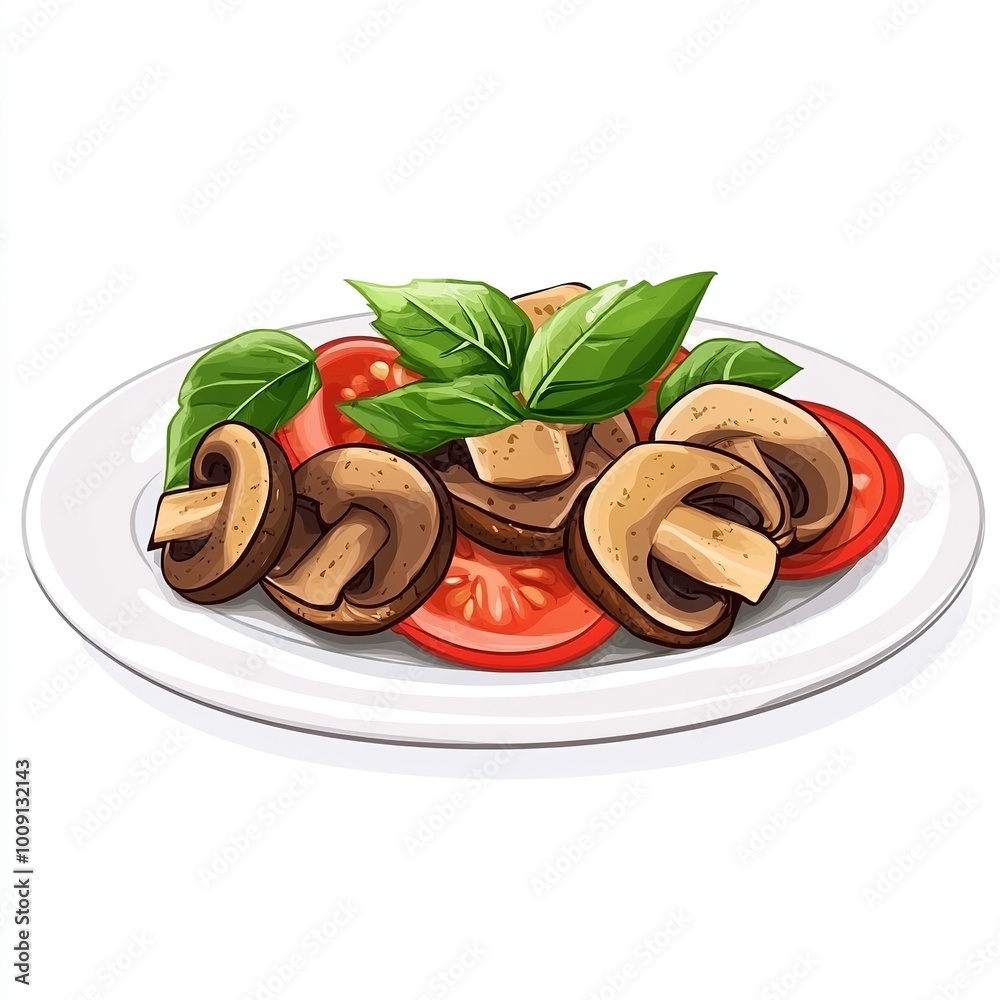 Poster A plate of sliced mushrooms and tomatoes garnished with fresh basil leaves.