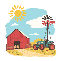 Obraz premium A simple illustration of a farm with a barn and windmill on a white background. 