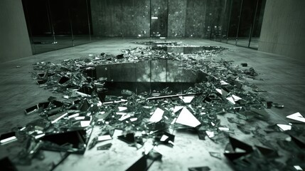 Broken mirror fragments strewn across an empty floor, each reflecting a distorted alternate reality in the shattered glass.
