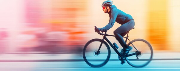Fototapeta premium Cyclist racing down a city street, motion and vibrant colors symbolizing speed, energy, and health