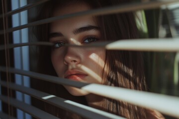 Fototapeta premium A young woman gazes through blinds with a thoughtful expression. The light creates beautiful shadows on her face. Mood and emotion fill this portrait. Generative AI