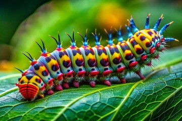 Colorful caterpillar on a green leaf showcasing nature's beauty and vibrant life cycle in detail