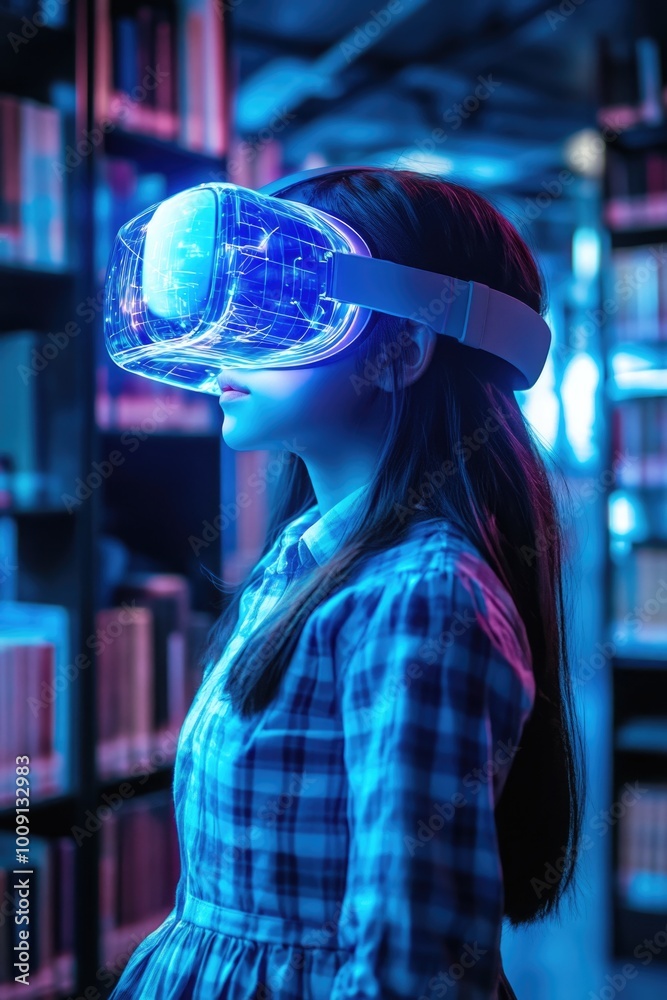 Poster A person reading with a VR headset in a quiet library setting, suggesting a future of immersive learning