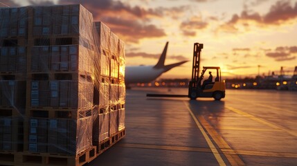 Forklift loading cargo pallets at airport during sunset