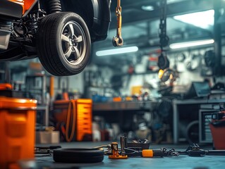 Fototapeta premium Dynamic Garage Scene: Mechanic Lifting Heavy Engine Block Amidst Tools and Car Parts – Perfect for High-Energy Sports Interior Decor