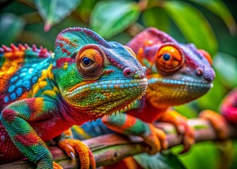 Colorful Chameleon Lizards Camouflaged in Nature, Displaying Vibrant Colors and Unique Patterns