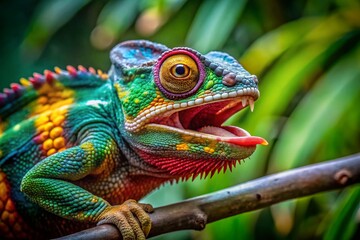 Obraz premium Colorful chameleon showing its unique teeth while perched on a branch in a tropical environment