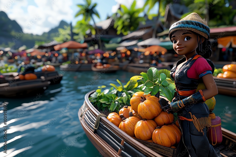 Poster 3d-rendered floating market surrounded by lush tropical plants, with vibrant textures and dynamic an