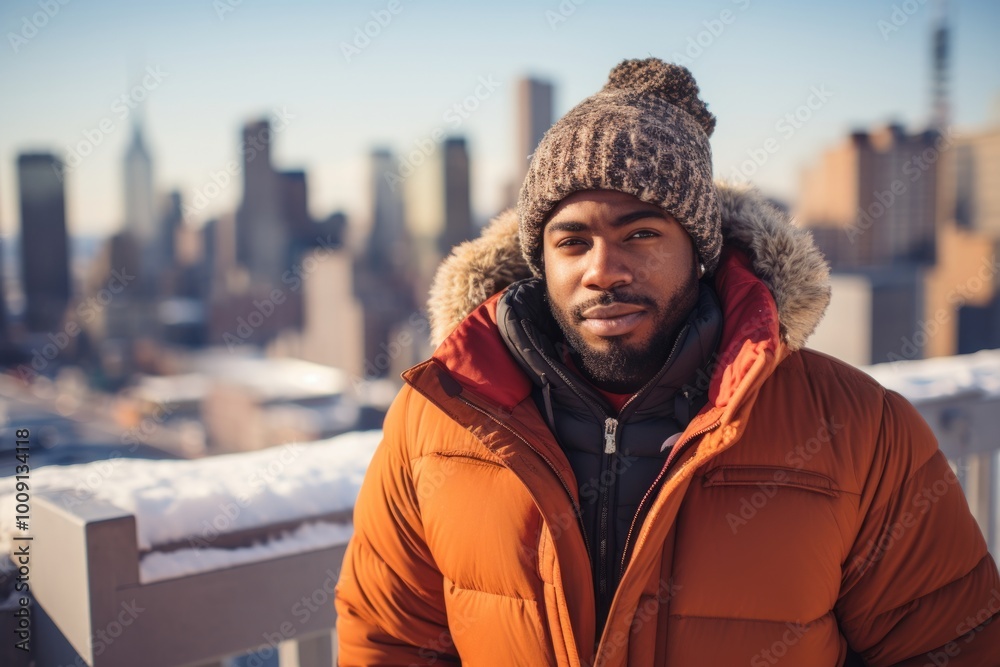 Wall mural Portrait of a satisfied afro-american man in his 30s wearing a warm parka isolated in vibrant city skyline