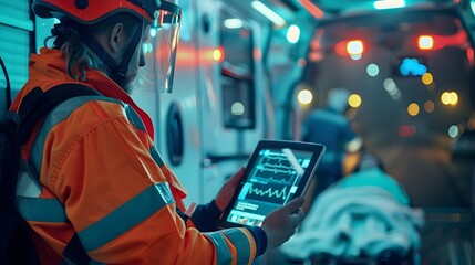 Fototapeta premium Paramedic Using Portable Device for Remote Specialist Consultation with Patient Vital Signs Transmission