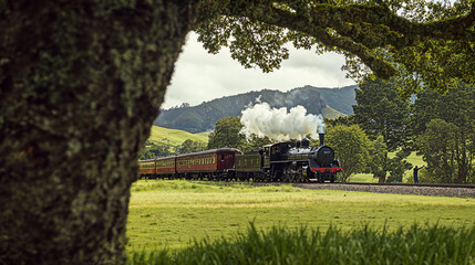  black steam train with red stripes and white dots on the side is moving through green fields in New Zealand's national park. 