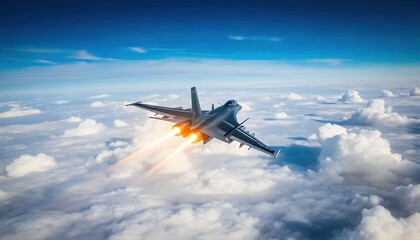 A fighter jet flying through the clouds, creating a stunning vapor trail against a blue sky, showcasing the power and speed of military aviation