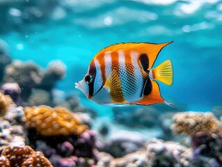 Obraz premium A vibrant, orange and white fish swims near coral in a tropical reef.