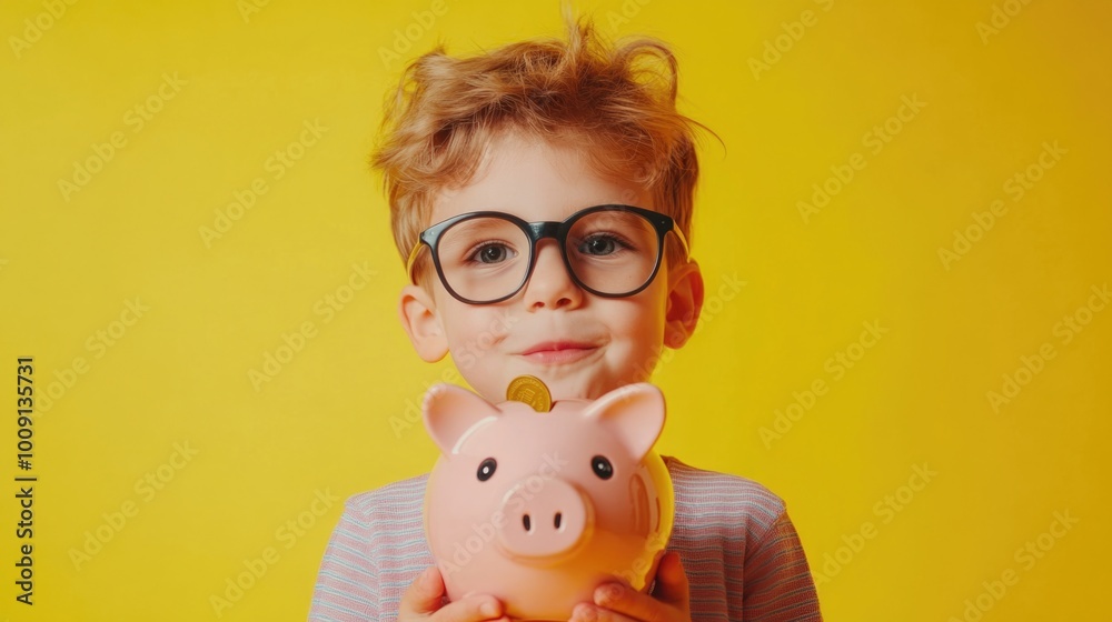 Wall mural a young boy holds a piggy bank and wears glasses, a heartwarming scene