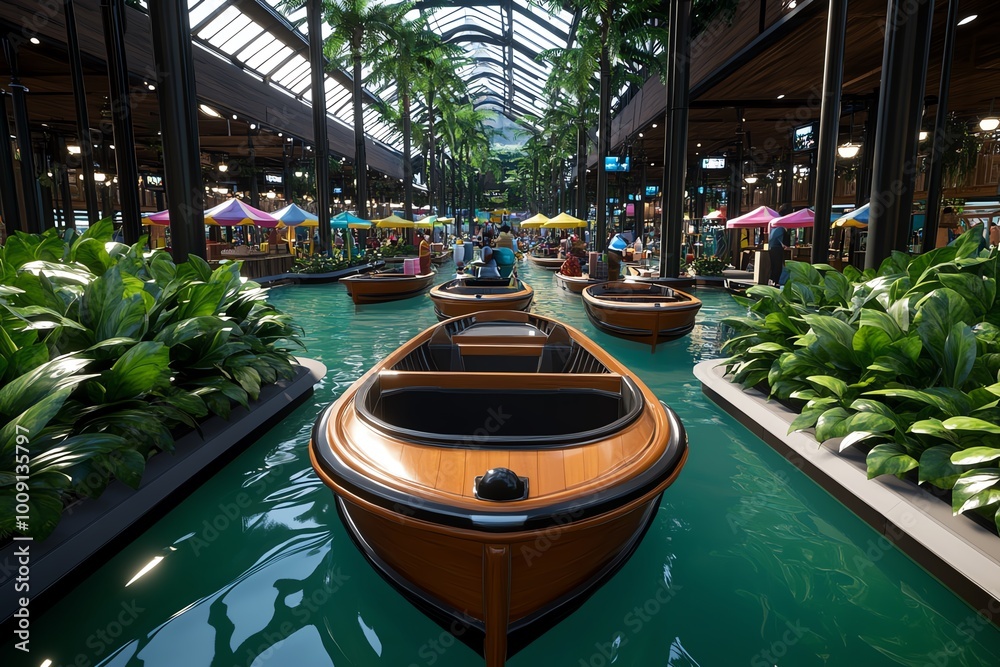 Poster 3d-rendered floating market surrounded by lush tropical plants, with vibrant textures and dynamic an