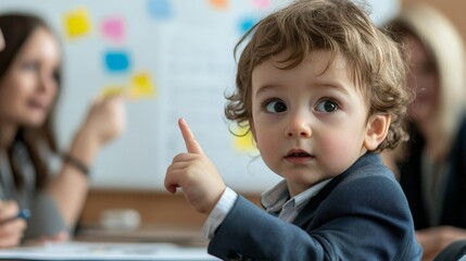 Close-up of a child in a business suit, leading a serious meeting with adults taking notes, as the child points at a presentation chart behind them