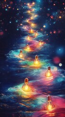 Naklejka premium Magical floating lights on a colorful water pathway.