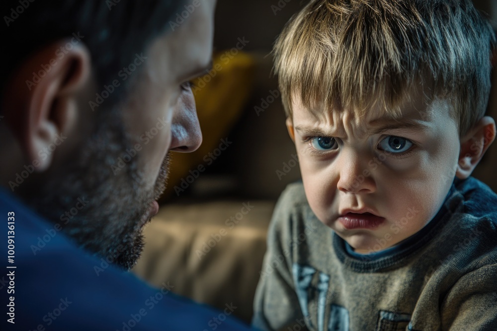 Poster a man and a young boy examining an object together