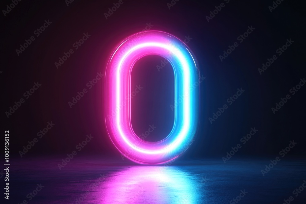 Poster a single neon letter o on a dark or black background, often used as a design element in modern compo