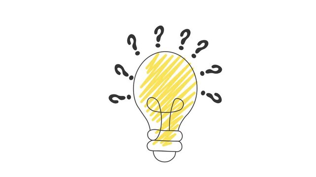 From Question To Creative Idea concept animation with question mark transform to a bright glowing lightbulb. Brainstorming and innovative Thinking.