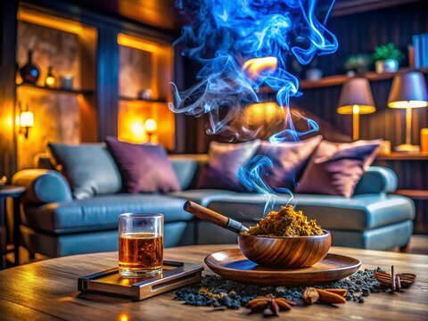 Colorful decorative schischa with aromatic tobacco in a modern lounge setting, smoke swirling above