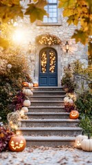 Fototapeta premium Spooky alleyway in a futuristic city pumpkins glowing from digital billboards