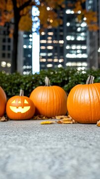 Spooky alleyway in a futuristic city pumpkins glowing from digital billboards