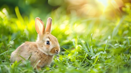 Naklejka premium Adorable Little Bunny Sitting in Lush Green Grass: A Charming Portrait of Nature's Cutest Creatures