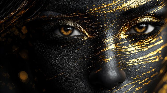 Fototapeta Beauty portrait of young gorgeous women. Golden and silver make up on black background.