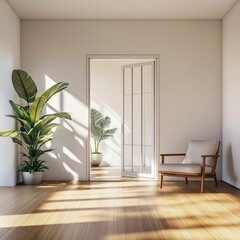 Minimalistic living room interior with wooden flooring, large potted plants, and a modern armchair lit by natural sunlight through an open door.