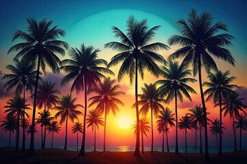 Dynamic silhouette tropical punk atmosphere on the beach at sunset in the shadow of wild palm trees