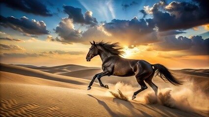 Dynamic silhouette of black horse galloping through desert sands
