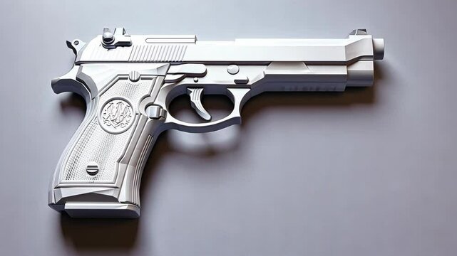 A silver handgun rests on a gray surface