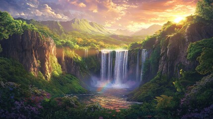 Photography, a breathtaking view of a majestic waterfall cascading into a lush green valley below