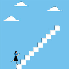 Businesswoman setting foot on staircase each step representing different career growth opportunity